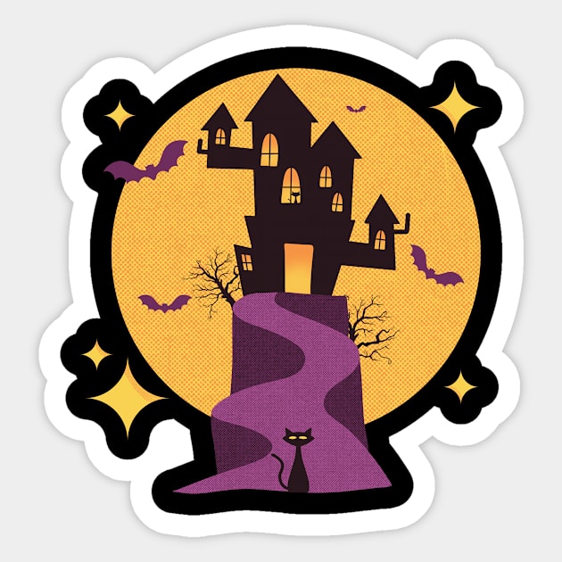 Spooky Haunted House with Mid Century Modern Cats for Halloween Sticker by ksrogersdesigns